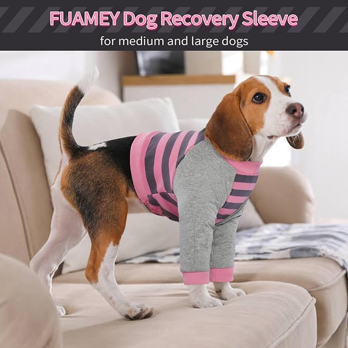 FUAMEY Dog Recovery Sleeve with Elbow Protector,Dogs Shirt Stop Licking Joints,Pet Long Sleeve Suit Protecting Dog's Front Leg Arm Wounds Cover Skin Conditions Pink Stripes 2XL