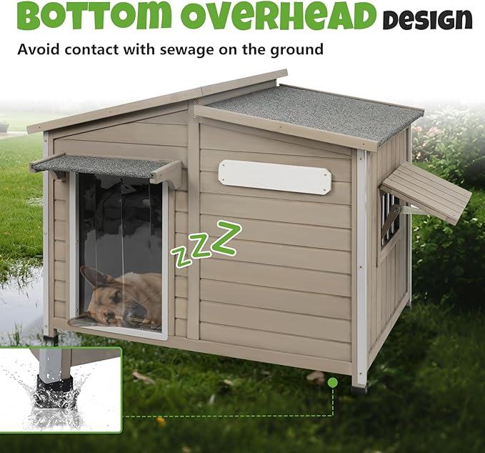 Large Outdoor Wooden Dog House, Weatherproof Dog Houses with Adjustable Vent Windows, Alloy Chew-Resistant Frame, Removable Floor for Medium & Large Dogs, (43.5" L x 29.5" W x 33.5" H)