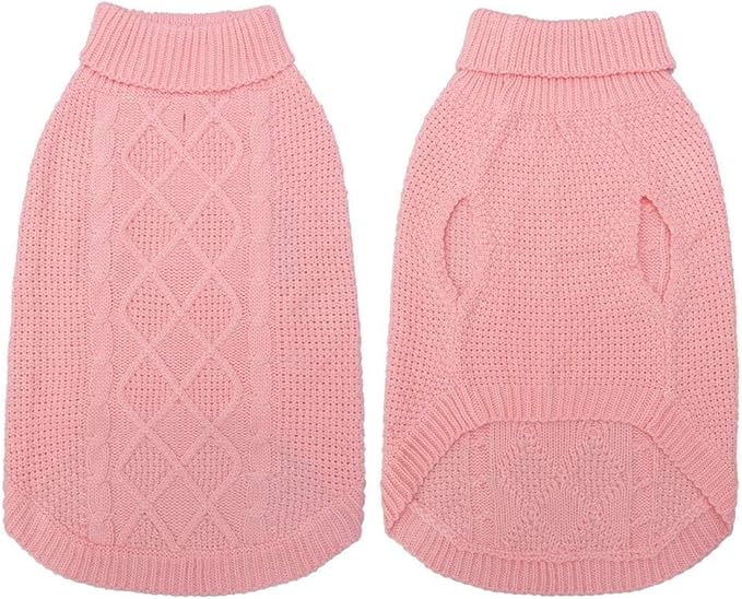 Mihachi Turtleneck Dog Sweater - Winter Coat Apparel Classic Cable Knit Clothes with Leash Hole for Cold Weather, Ideal Gift for Pet in New Year Flesh Pink Medium