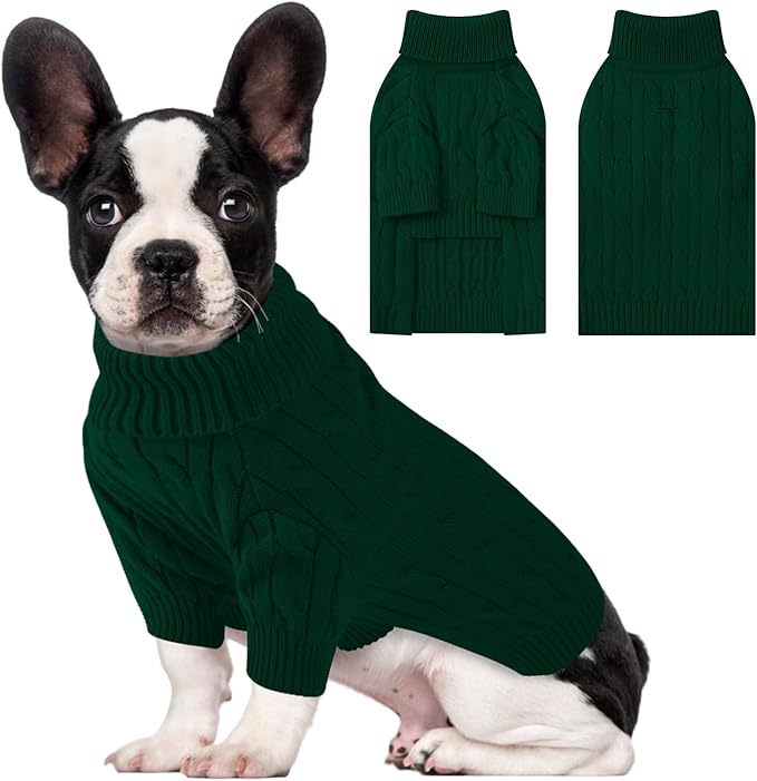 Small Dog Thermal Pullover Sweater, Classic Turtleneck Cable Knitwear Dog Clothes for Cold Weather Warm Pet Clothes for Chihuahua, Bulldog, Dachshund, Pug Green X-Large