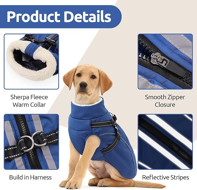 Dog Winter Coat with Harness Built in Warm Puffer Dog Jackets for Small Medium Large Dogs Windproof Waterproof Outfit with Plush Lining and Reflective Stripes (Blue, XS)