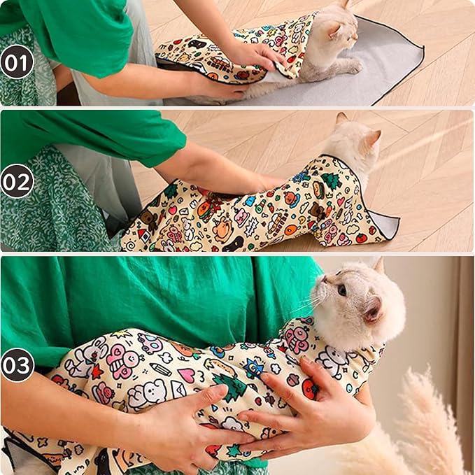 Cat Wrap for Cutting Nails, 27.6''x 27.6'' Self-Adherent Cat Grooming Wrap with Nail Clipper, Anti-Escape Calming Cat Swaddle Wrap for Medicine, Nail Clipping, Teeth Brushing, Ear Cleaning