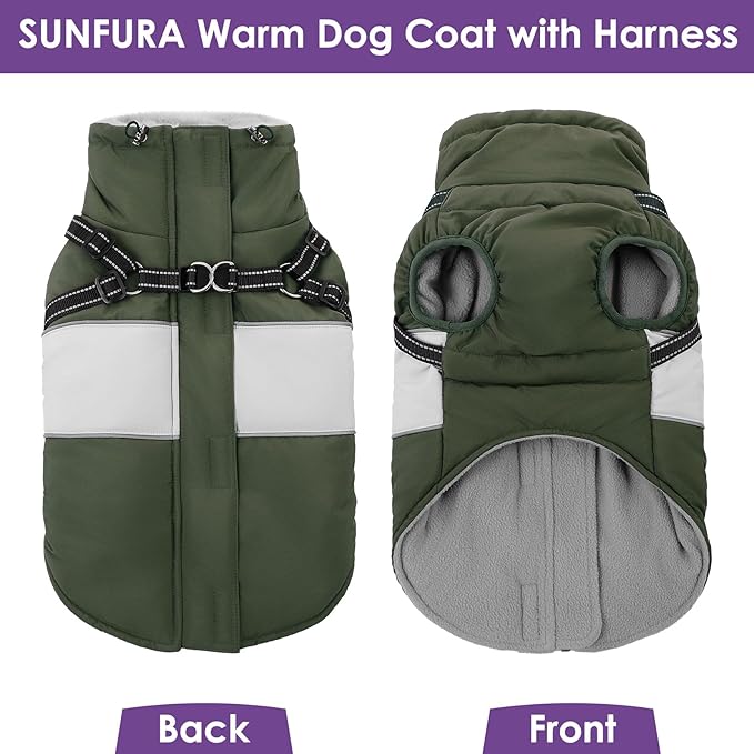 SUNFURA Dog Jacket, Large Dog Coat with Harness Built in, Warm Pet Winter Jacket Zippered Snow Coat with Furry Collar, Waterproof Fleece Snowsuit for French Bulldog, Army Green L