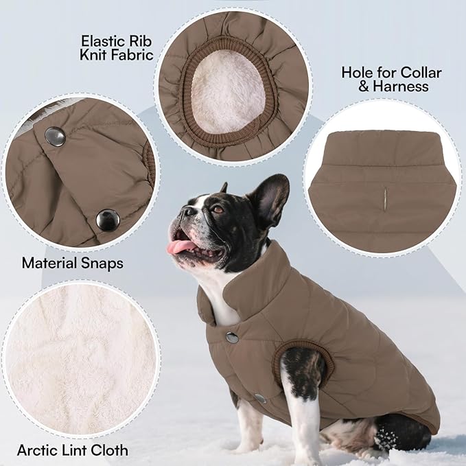 ASENKU Dog Winter Coat - Waterproof Windproof Dog Jacket, Warm Snowproof Doggie Puffer Vest for Cold Weather, Lightweight Snow Coats for Small Medium Large Dogs (S, Coffee)