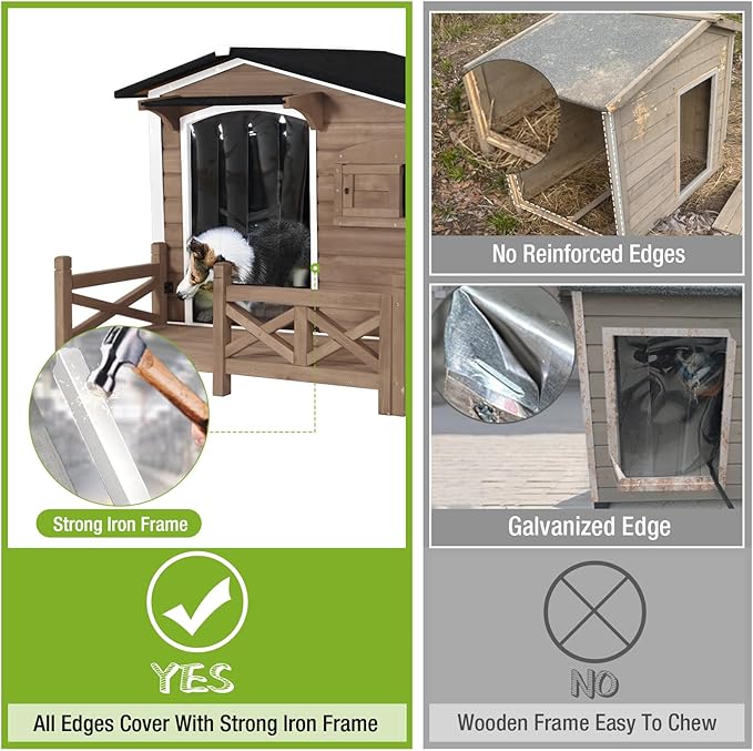 GUTINNEEN Outdoor Wooden Dog House with Metal Frame, Porch and Ventilation Window, Weatherproof Shelter for Small to Medium Dogs, 44.6" L x 41.1" W x 32.9" H (Dark Brown)