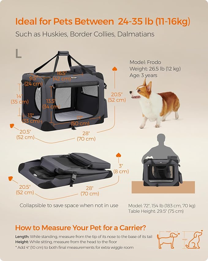 Feandrea 28 Inches Collapsible Soft Dog Crate, Portable Travel Dog Crate for Indoor and Outdoor Use, Dog Carrier Kennel with Safety Zippers, for Living Room, Car, Travelling, Camping, Gray UPDC70GY