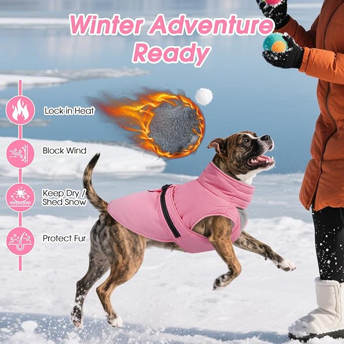 XXL Dog Coat, Warm Dog Winter Jacket, Waterproof Dogs Snowsuit with Foldable High Collar, Reflective Strips, Leash Hole, and Adjustable Hook & Loop Closure - Ideal for Cold Weather - Pink XXL