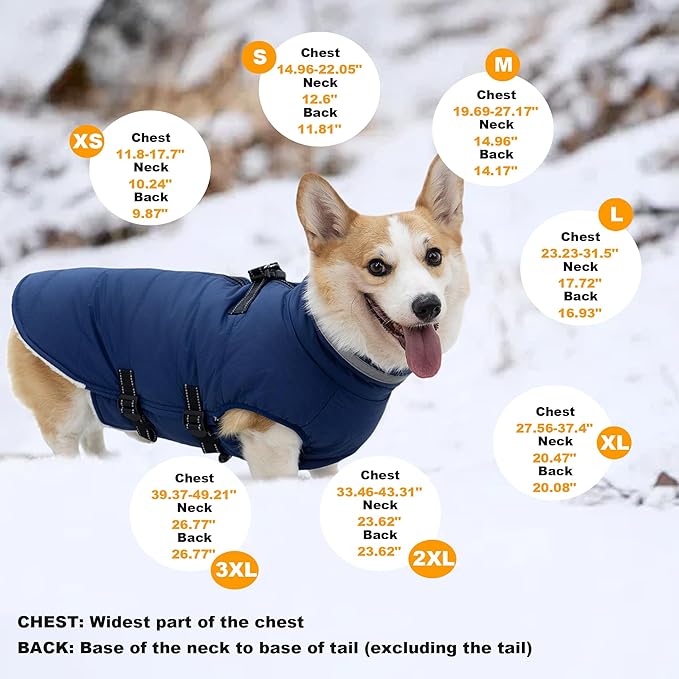 Large Dog Coat with Harness Built-in, Waterproof Reflective Fleece Lined - Warm Windproof Winter Jacket with Back Zipper, Cold Weather Snow Dog Coats - Blue - 2XL