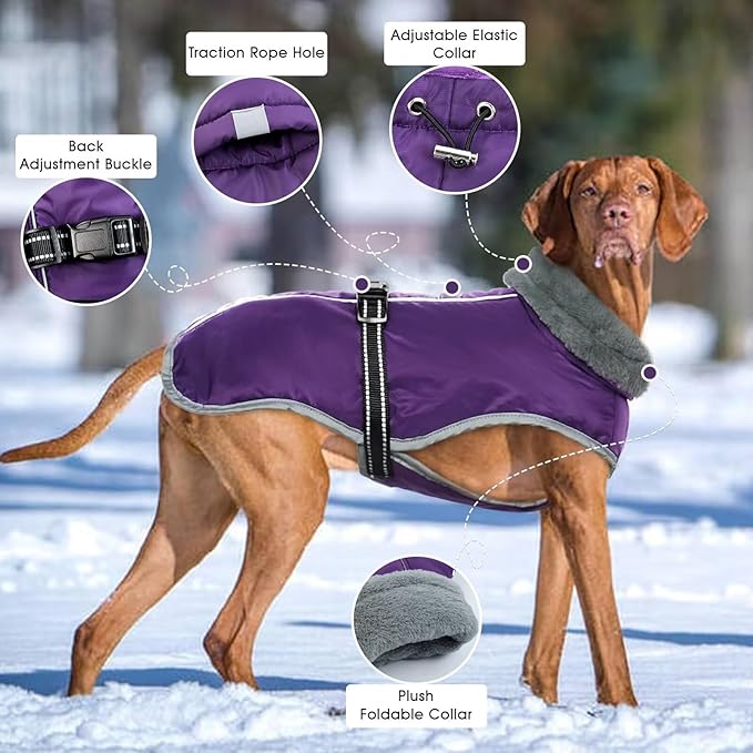 Warm Waterproof Dog Coat,Size M Dogs Jacket Pet Winter Coat for Cold Weather with Thicken Furry Collar,Reflective Puppy Winter Jacket Warm Fleece Lining for Medium Dogs,Purple,M