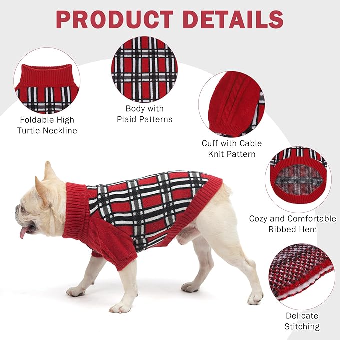 SCENEREAL Turtleneck Dog Sweater for Small Medium Large Dogs Girls Boys, Christmas Plaid Pullover Puppy Sweatershirt, Dogs Cold Weather Outfit Clothes, Ideal Gift for Pet in New Year, Red Plaid XS