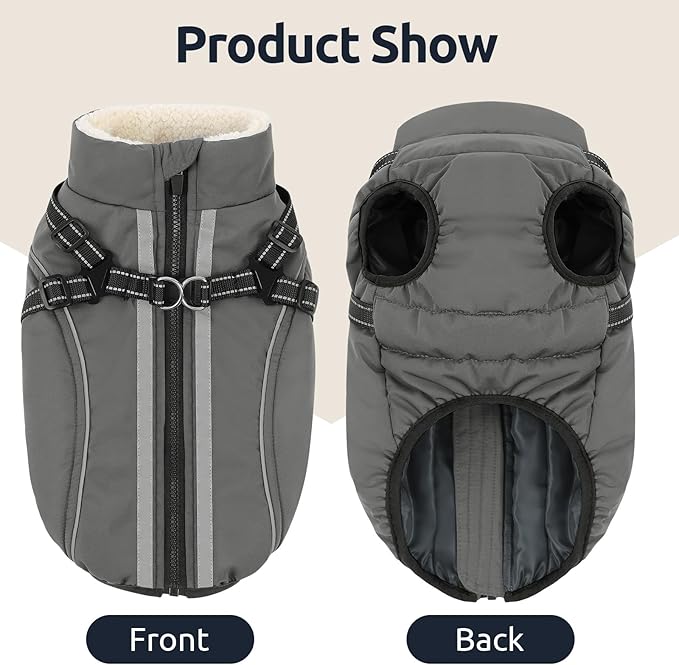 Dog Winter Coat with Harness Built in Warm Puffer Dog Jackets for Small Medium Large Dogs Windproof Waterproof Outfit with Plush Lining and Reflective Stripes (Grey, 2XL)