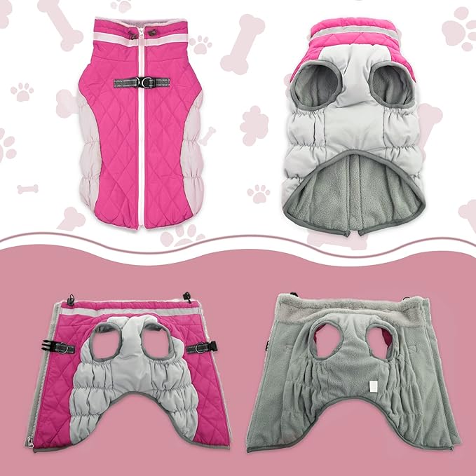 Lelepet Dog Coat Warm Dog Winter Coat Waterproof Dogs Jacket with Harness Built in Reflective Pet Fleece Vest Zip-Up Cold Weather Coats for Small Dogs Turtleneck & Windproof Coats Yorkie Rose Red S