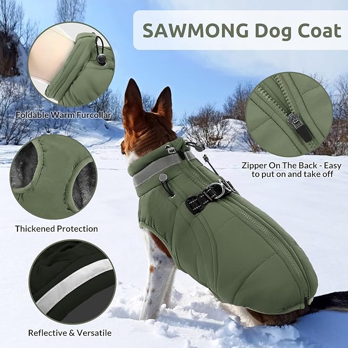SAWMONG Dog Coat, Warm Dog Winter Coat, Waterproof Fleece Jacket, Cold Weather Dogs Jacket (3XL,Green)