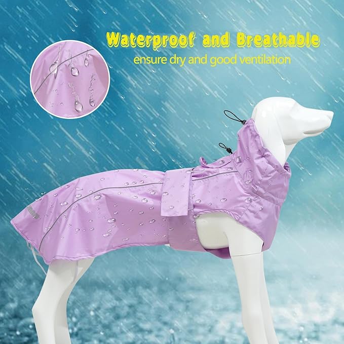 Adjustable Waterproof Dog Raincoat for Dogs,Lightweight Pet Rain Jacket Puppy Clothes with Reflective Strip for Small Medium Large Dogs (Light Purple, Large)