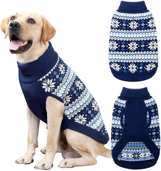 KOOLTAIL Cable Knit Dog Sweater Turtleneck, Cold Weather Pullover Classic Knitwear, Snowflake Pattern Thick Warm Winter Pet Clothes, Dog Christmas Sweater for Small Medium Large Dogs Cats, Navy Blue M