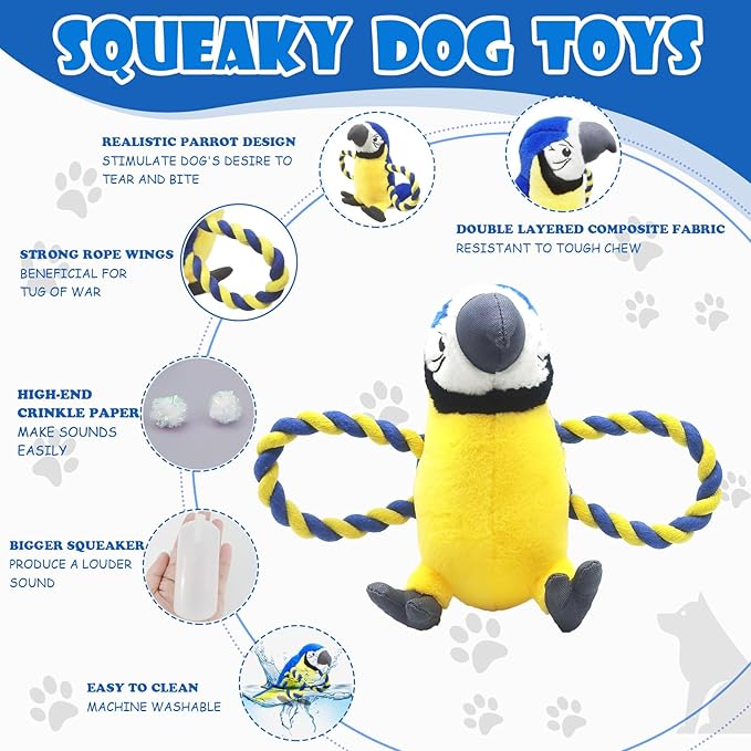 Upgraded Dog Squeak Toys Tug of War Squeaky Parrot Dog Toys with Strong Pull Rope, Superior Crinkle Paper and Big Squeaker Interactive Plush Bird Chew Toys for Small, Medium, and Large Dogs