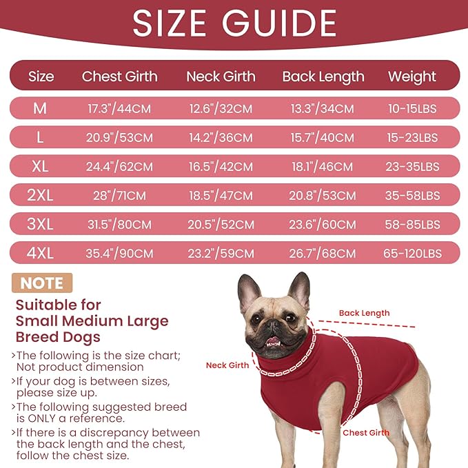 ROZKITCH Dog Sweaters Soft Fleece Pullover Sweatshirt Pajamas, Turtleneck Warm Pet Cold Weather Jacket Stretchy Vest Jumpsuit Apparel Outfit Clothes for Small Medium Large Dogs Walking Sleep Red M