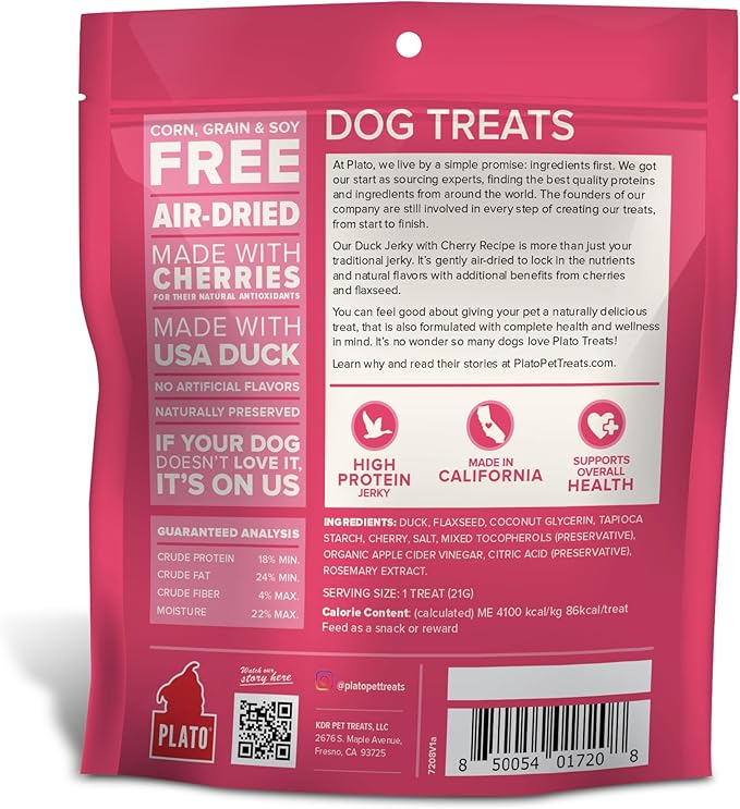 PLATO Pet Treats Jerky Dog Treats - Air-Dried Jerky for Dogs - Delicious, Real Meat Dog Treats - Grain Free - Supports Healthy Digestion - Duck Jerky with Cherry 7oz