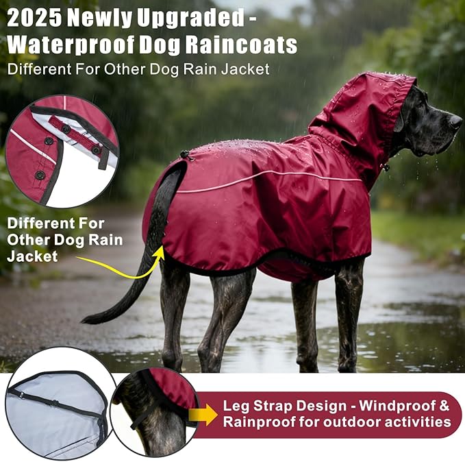 Mosucoirl Dog Raincoat Jacket Reflective Adjustable Hooded Pet Poncho Rain Coats with Leash Hole Waterproof Clothes for Small Medium Large Dogs (Red, M)