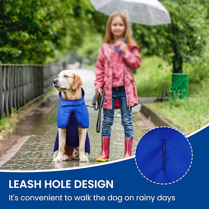 BRKURLEG Dog Raincoat Adjustable Dog Rain Jacket with Hood Dogs Waterproof Rainproof Jacket with Leash Hole Pet Poncho Rain Coat Poncho with Reflective Strip, Blue, XL