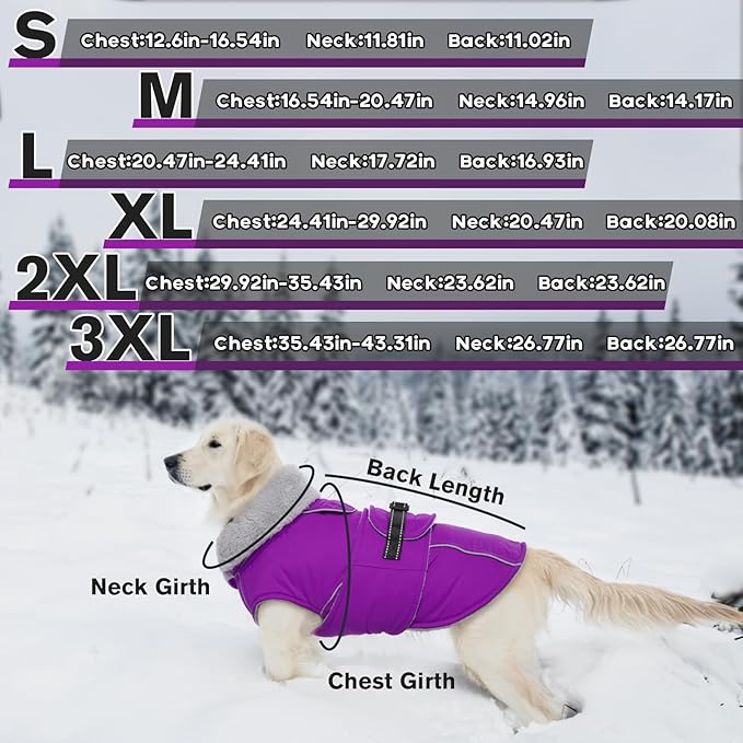 Lelepet Warm Dog Winter Coats for Large Dogs Waterproof Dog Jacket Reflective Pet Fleece Vest Windproof Cold Weather Coats with Adjustable Buckle & Leash Hole, Purple, XXL