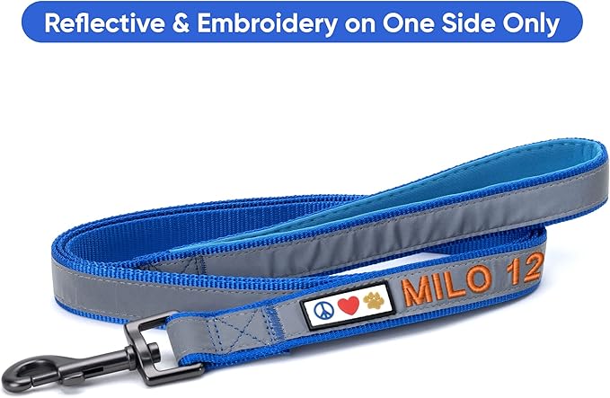 Pawtitas Personalized Dog Leash Embroidered Customize Your Pet Name & Phone Number Puppy Reflective 6 ft Long Small Blue Custom Tag Name, Blue Reflective 🔦 Padded