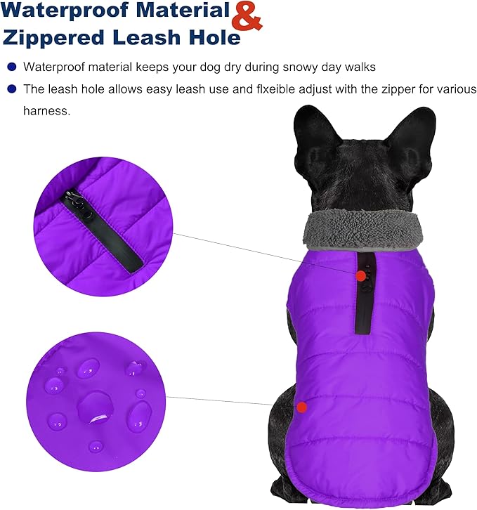 Dog Winter Coat, Waterproof Dog Jacket with Leash Hole, Reflective Adjustable Pet Snow Vest, Warm Fleece Sweater for Small Medium Large Dogs - Purple, 2XL