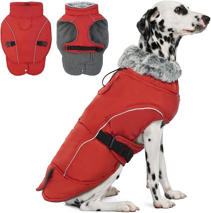 DENTRUN Small Dog Winter Warm Coat - Windproof Cozy Jacket, Thick Fleece Vest with Adjustable Belt, Water Repellent, Reflective Dog Sweater for Yorkie Dachshund Wear, Red, S