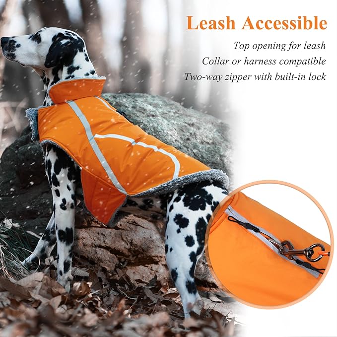 VIVAGLORY Frostfit Dog Coat, Dog Jacket for Winter & Cold Weather, Warm Fluffy Fleece Lined Water Resistant Reflective for Puppy, Coat with Velcro Fastening & Leash Hole, S, Orange
