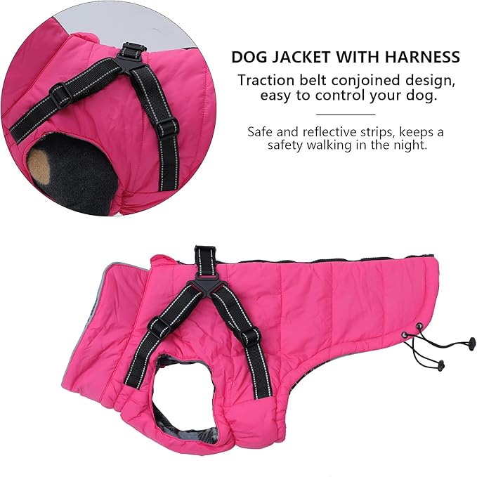 Geyecete Winter Warm Coat Waterproof Dog Winter Jacket with Harness Traction Belt,Pet Outdoor Jacket Dog Autumn and Winter Clothes for Medium, Small Dog-Pink-XXL