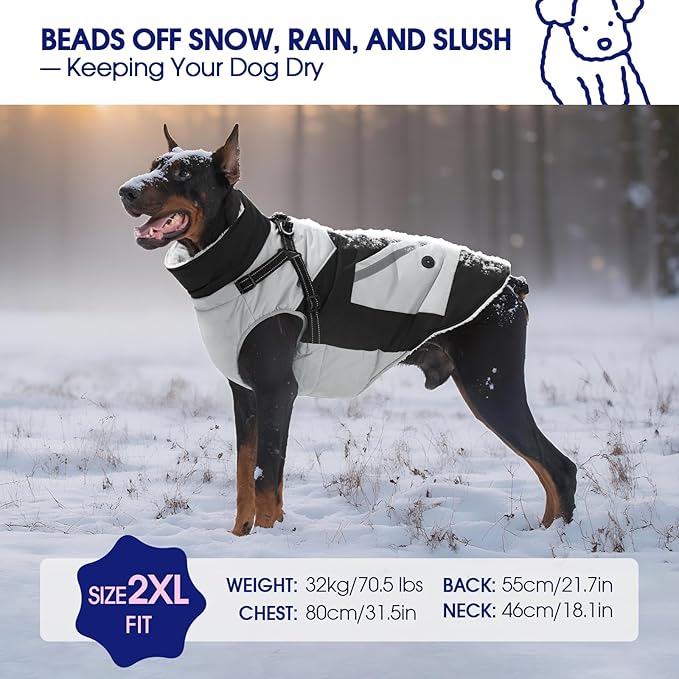 FUAMEY Dog Winter Jackets for Large Dogs,Dog Coat with Harness Built in,Waterproof Dogs Snowsuits Warm Pet Jacket Zip Up Fleece Cold Weather Coats Reflective Puppy Vest with Pocket Black 2XL