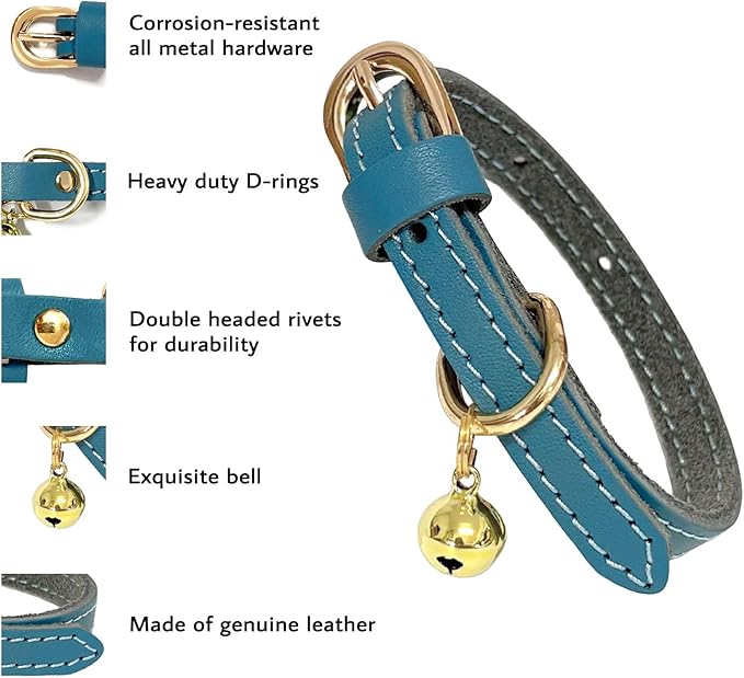 Guiding Star Leather Collar for Puppy, Cute Soft Thin Dogs Collars for Small Medium Dogs, Cat Collar with Bell (Blue, XXS, 6.2"-10")