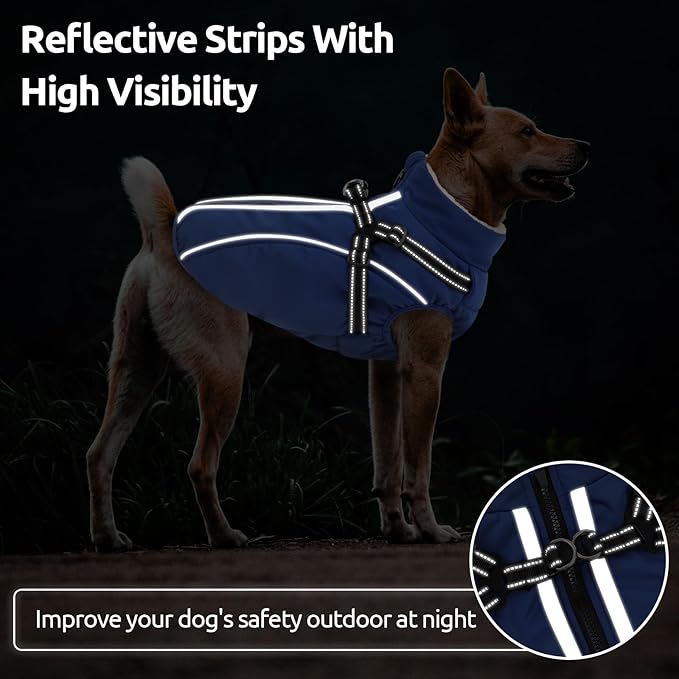 Dog Winter Coat with Harness Built in Warm Puffer Dog Jackets for Small Medium Large Dogs Windproof Waterproof Outfit with Plush Lining and Reflective Stripes (Blue, XL)