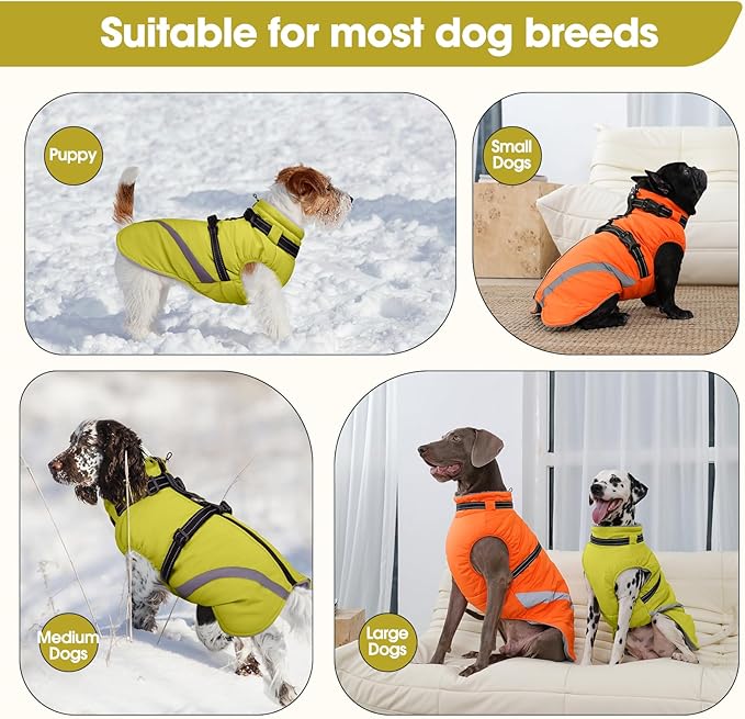 BRKURLEG Dog Winter Jackets for Small Dogs, Dog Coat with Harness Built in, Dogs Snowsuits with Zipper, Waterproof Windproof Pet Puffer Jacket Fleece Vest for Chihuahua, Yorkie, Green XS