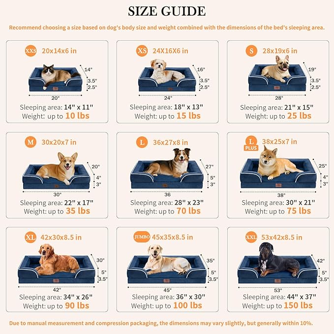 Comfort Expression Orthopedic Dog Bed for Large Dogs 36x27 Inch, Waterproof Supportive Egg Crate Foam Large Pet Bed with Removable Bolsters, Dog Couch with Washable Cover & Non-Slip Bottom, Navy Blue