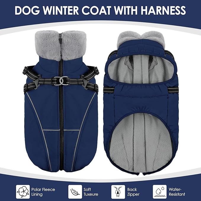 AOFITEE Dog Coat for Large Dogs, Waterproof Dog Jacket Winter with Harness Built in, Warm Fleece Pet Puffer Jacket with Zipper, Cold Weather Coats for Dogs, Reflective Pet Snowsuit, Blue XXL