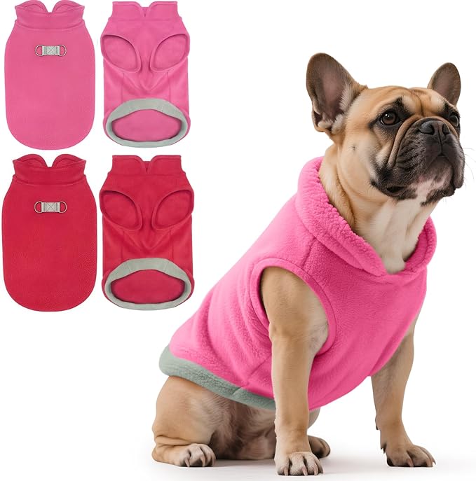 Idepet 2 Pack Dog Fleece Vest Sweater Warm Pullover Jacket with D-Ring Leash Reflective Winter Coat Hoodie for Puppy Cat French Bulldog Pug Chihuahuas Yorkies Dachshunds (Red&Rose Red,X-Small)