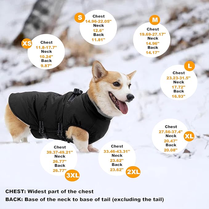 Large Dog Coat with Harness Built-in, Waterproof Reflective Fleece Lined - Warm Windproof Winter Jacket with Back Zipper, Cold Weather Snow Dog Coats - Black - XL