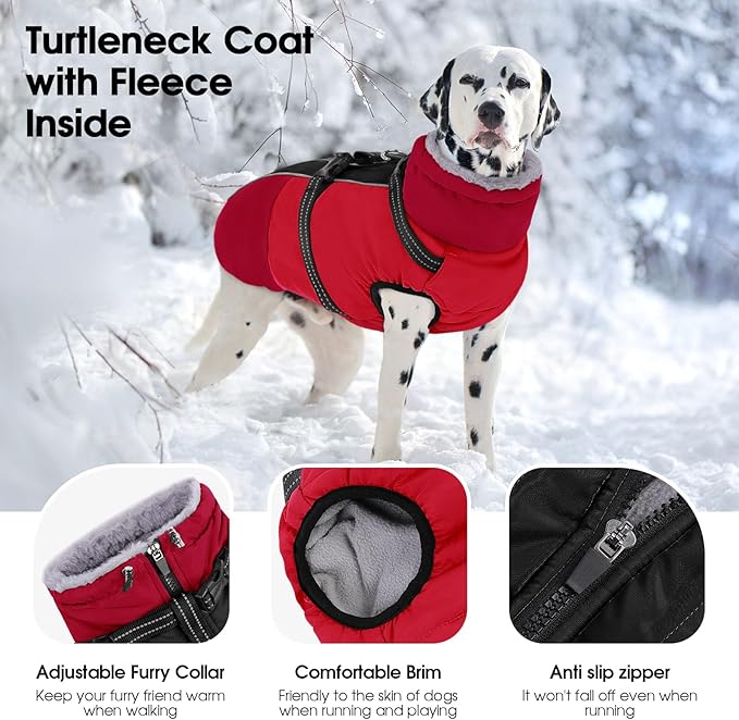 SUNFURA Dog Coat, XXXL Dog Jacket with Harness Built in, Waterproof Pet Winter Coat Snowsuit with Zip, Reflective Fleece Jacket for Extra Large Dogs, Great Dane, Red 3XL