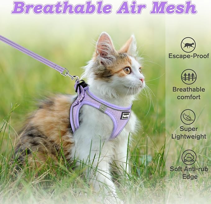 Cat Harness and Leash for Walking Escape Proof, Adjustable Kitten Vest Harness Reflective Soft Mesh Puppy Harness for Outdoor, Comfort Fit, Easy to Control (Purple, M)