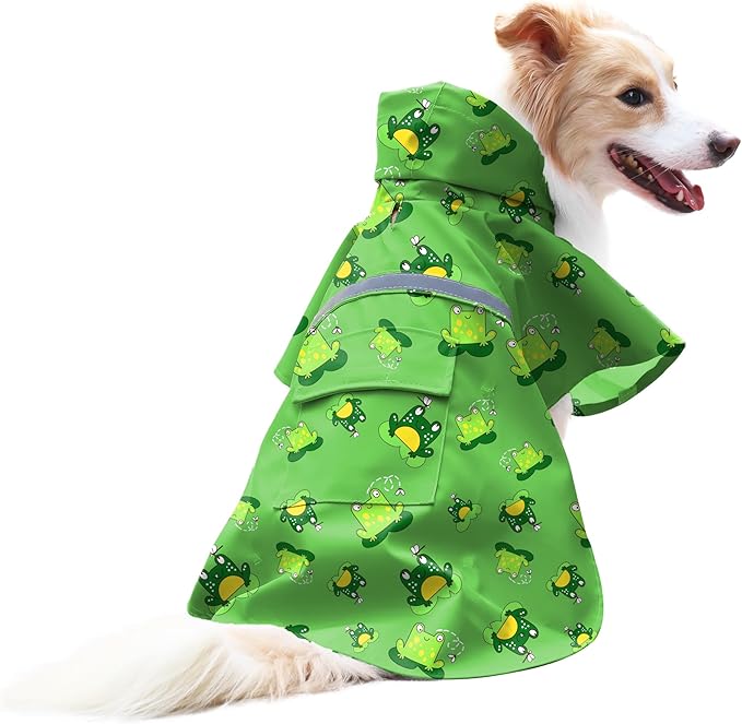NACOCO Large Dog Raincoat Adjustable - Pet Frog Water Proof Clothes Lightweight Rain Jacket Poncho Hoodies with Strip Reflective Green (L, Green Frog)