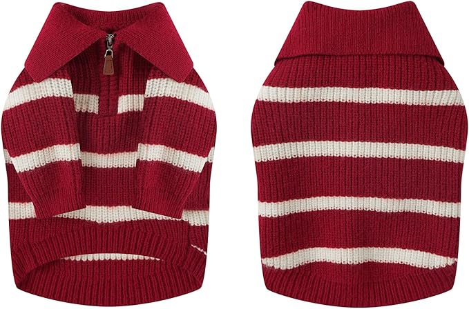 Small Dog Sweater with Zipper, Knitted Striped Pullover Dog Clothes for Cold Weather, Thick Warm Cozy Stretchy Sweater for Chihuahua, Bulldog, Dachshund, Pug(Red & White Strip, L)