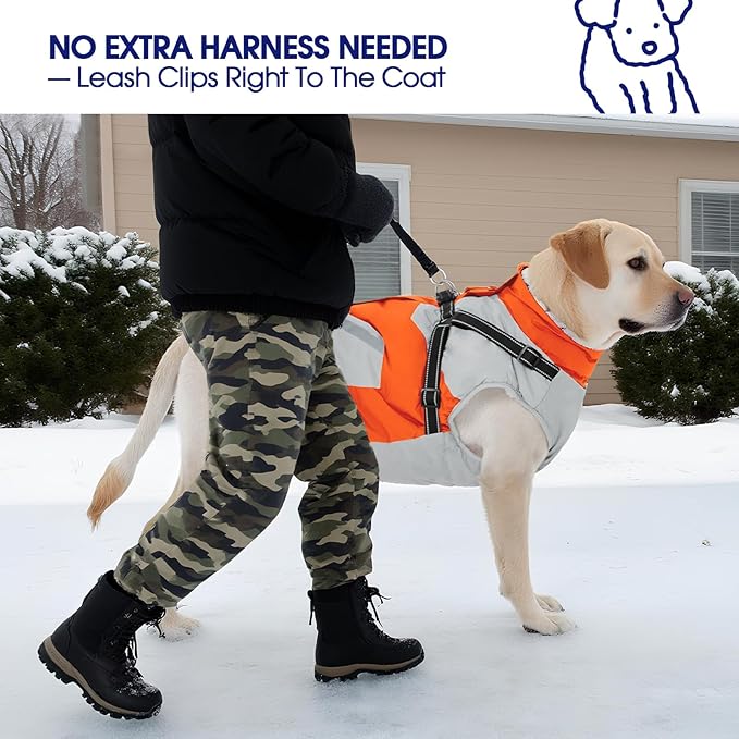 FUAMEY Dog Winter Jackets for Medium Dogs,Dog Coat with Harness Built in,Waterproof Dogs Snowsuits Warm Pet Jacket Zip Up Fleece Cold Weather Coats Reflective Puppy Vest with Pocket Orange M