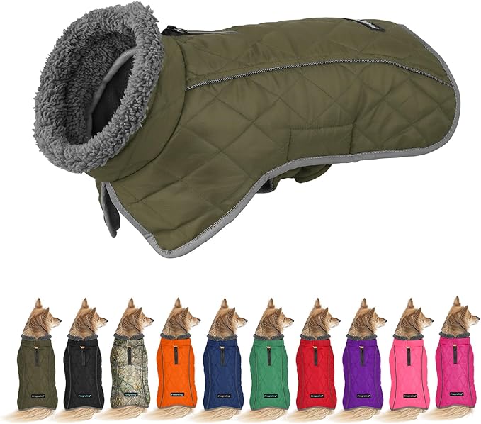 Fragralley Dog Coat Medium, Waterproof Dog Jacket with Warm Fleece Lining, Adjustable Reflective Dogs Winter Coat, Turtleneck Pet Coats for Cold Weather (ArmyGreen M)