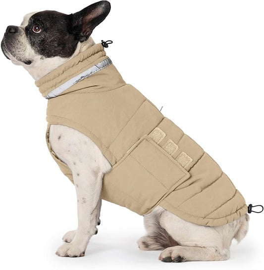 Dog Coat, Waterproof Winter Jacket, Warm Windproof Jacket, Reflective Adjustable Turtleneck Coats for Small Dogs with Hook & Loop - Khaki - S