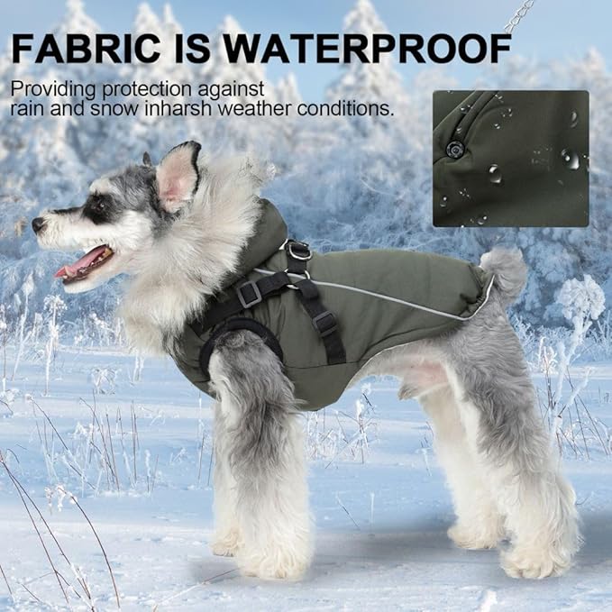 PINA Dog Winter Coat - Waterproof & Faux Fur Hooded Jacket with Reflective Strap for Medium/Small Dogs, Green, L/XL