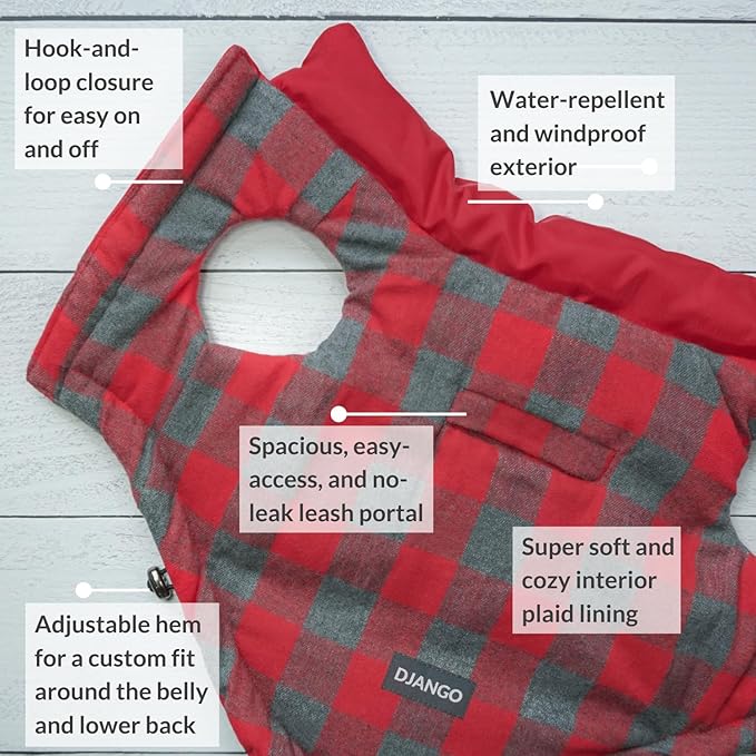 DJANGO Reversible Puffer Dog Coat – Warm Winter Dog Jacket & Water-Repellent Insulated Dog Coat with Harness Hole, Windproof, Adjustable Fit for Small & Medium Dogs, Dachshunds – Lava Red, Small