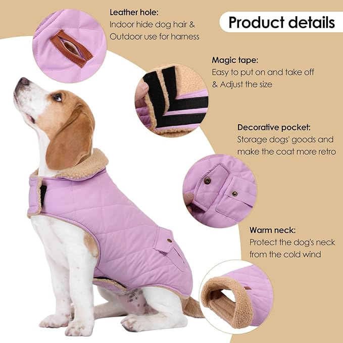 Large Dog Winter Jacket, Pet Warm Windproof Coat Dogs Cold Weather Coats Snow Jacket Pets Clothes, Golden Retriever, Labrador Retriever, Husky, Lilac L