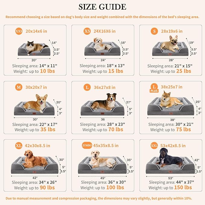 Comfort Expression Orthopedic Dog Bed for Large Dogs 38x25 Inch, Waterproof Supportive Egg Crate Foam Large Pet Bed with Removable Bolsters, Dog Couch with Washable Cover & Non-Slip Bottom, Grey