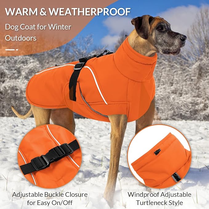 Queenmore Winter Dog Coat Warm Dog Jacket Vest Waterproof Puffer Fleece Snowsuit Adjustable Buckle Leash Hole Reflective Cold Weather Parka for Small Medium Large Dogs Girl Boy Orange XL